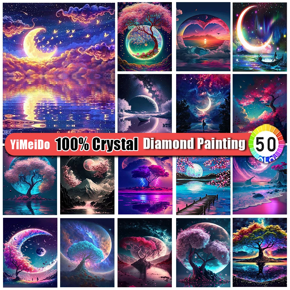 

YiMeiDo 100% Crystal Diamond Painting Moon Full Round Mosaic Landscape Diamond Embroidery Tree Picture Rhinestone Home Decor