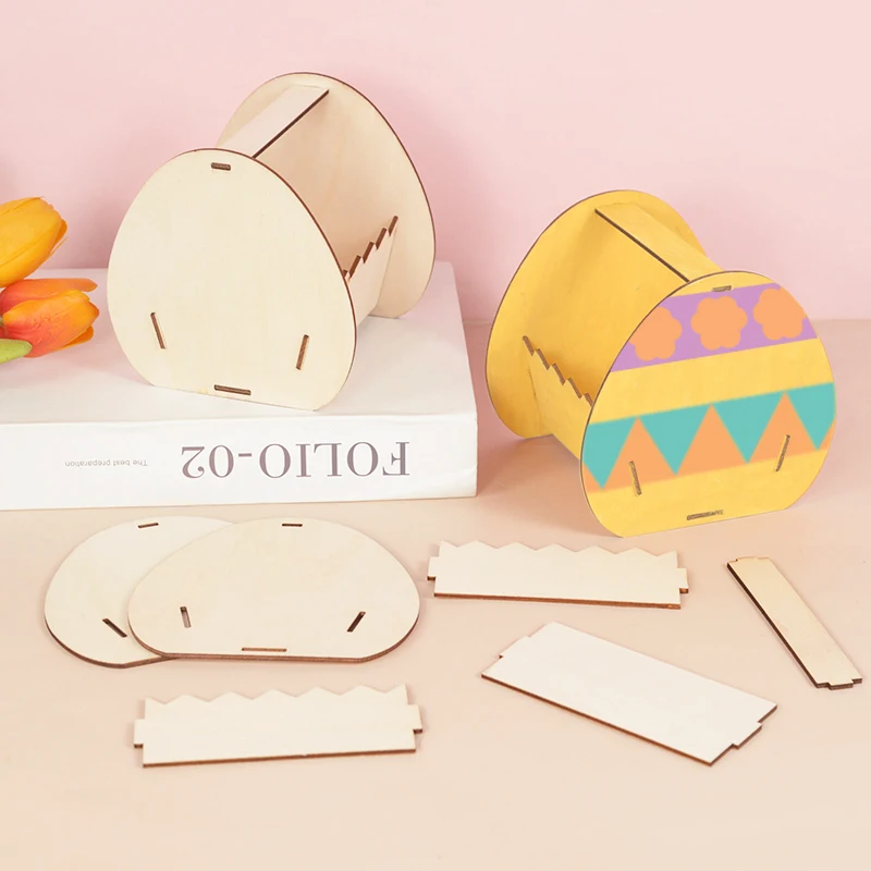 

2024 Easter Wooden Egg Basket Stand DIY Crafts Kids Toy Easter Decoration For Home Desktop Decor Supplies