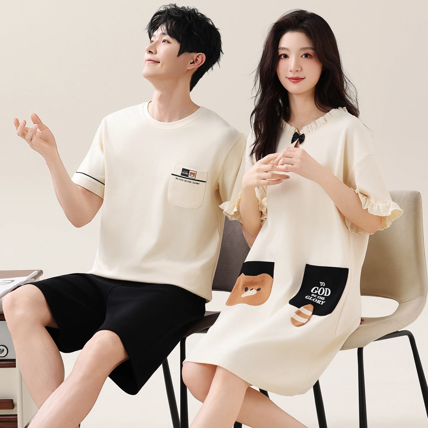 코튼 여름 커플 잠옷 반팔 얇은 홈웨어 세트 남성 스타일 편안하고 통기성 좋은 귀여운 플러스 사이즈 나이트가운
