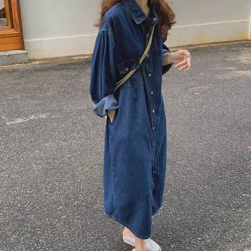 

Shirt Dress Women Casual Long-sleeved Blue Denim Dress Pocket Elegant Denim Fashion Slim Denim Dress 2021 New Autumn and Winter