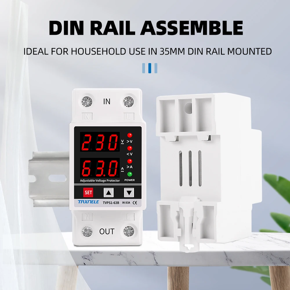 Din Rail Adjustable Digital Over Under Voltage Relay Surge Protector Limit Over Current Protection Dual Display 40A 63A 230V