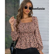 

Explosive Print Chiffon Hedging Square Collar Sexy Temperament Slim-fit Women's New Beautiful Back Lantern Sleeves landuxiu