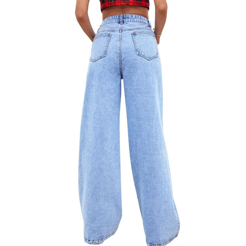 Fashionable Denim Pants Women's Light Color Wide Leg High Waist Straight Tube Versatile Trendy Pants
