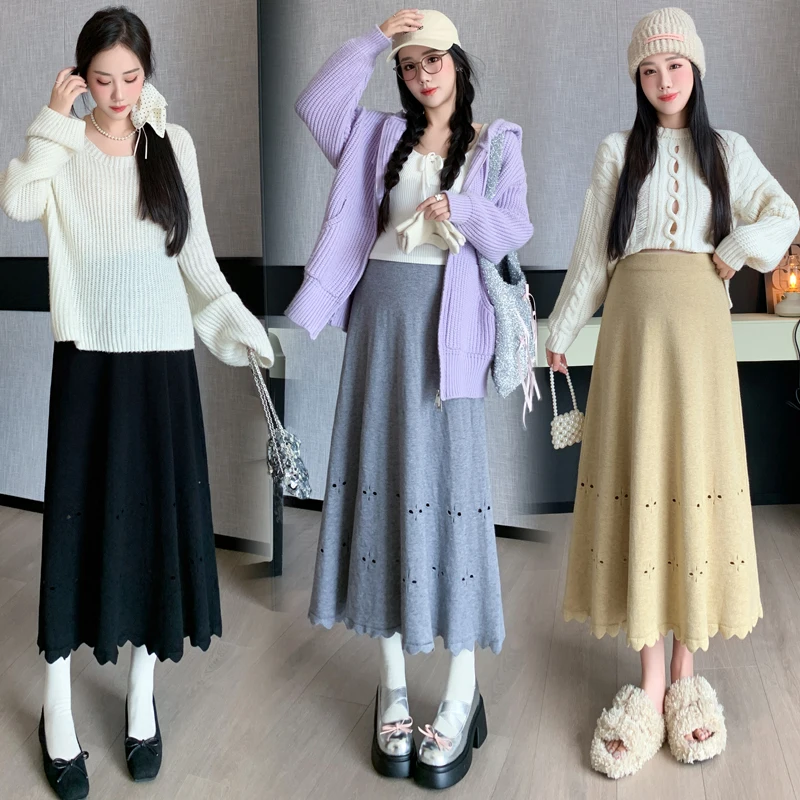 Pregnant Women Winter Fashion Style Tall Waist Abdomen Knitting Skirts High Waist Full-skirted Plaid Umbrella Skirts Black Gray