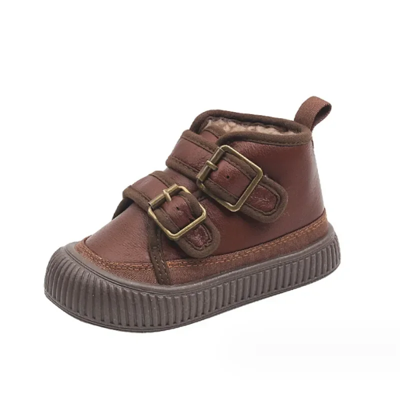 New Autumn/Winter Kids Boots For Boys Leather Warm Fur Toddler Girls Shoes Soft Sole Non-slip Fashion Children Botas