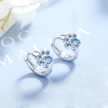 실버 색상 여성을위한 새로운 패션 귀여운 고양이 발 스터드 귀걸이 크리 에이 티브 블루 지르콘 파티 쥬얼리 알레르기 방지 상품 이미지