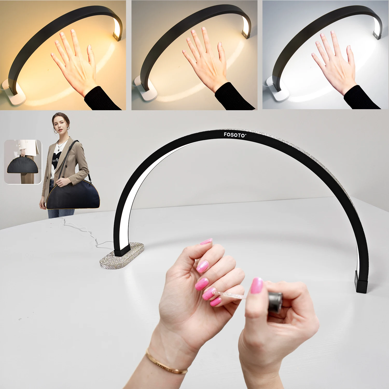 

Fosoto 30 Inch Beauty Salon Lighting Half-Moon Shaped Nails Care kit Desktop Arch Ring Led Lights Manicure Lamp Nail Art Light