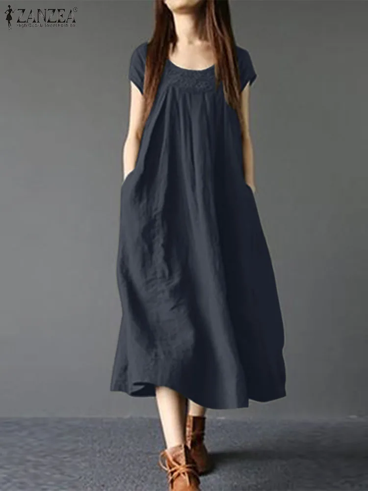 

ZANZEA Elegant Dress For Women Vintage Sundress ZANZEA Short Sleeve Loose Vestidos 2023 Summer Lace Patchwork Dresses Robe Femme