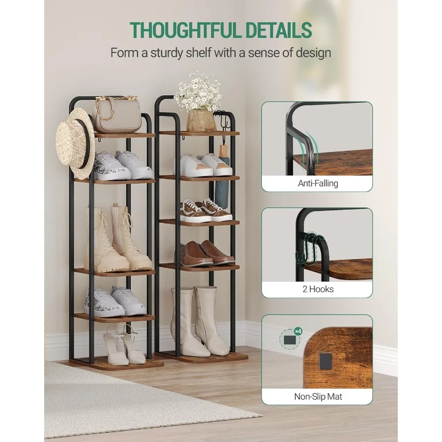 6 Tiers Vertical Shoe Rack Narrow Shoe Tower Tall Shoes Shelf with 2 Hooks Adjustable Shelves Corner Shoes Shelves for Small Sp