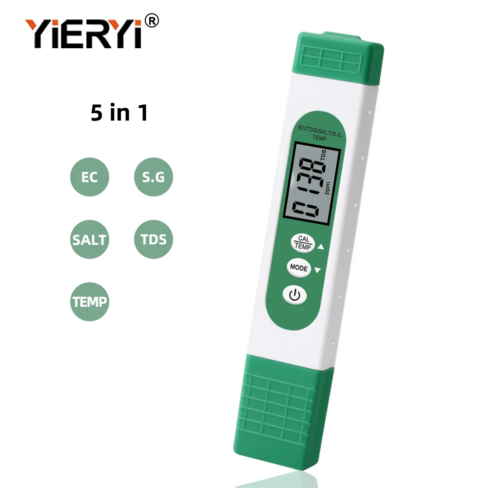 5 in 1 EC/TDS/SALT/S.G/Temperature Portable Digital Water Quality Tester Water Purity Temperature PPM Test Instrument large calipers