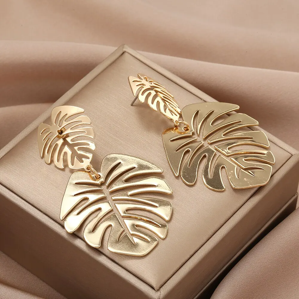 Bohemian Hollow Exaggerated Leaf Dangle Earrings Drop Earrings Long Earrings Golden Earrings For Women Lady Geometric Tropical Plant Jewelry Gifts