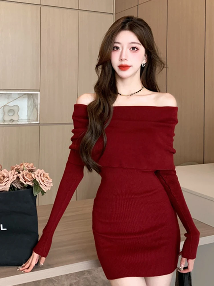 

Новинка, модное вязаное короткое платье на осень и зиму, женская одежда, свитер, сексуальное облегающее мини-платье с открытыми плечами, женское эластичное платье