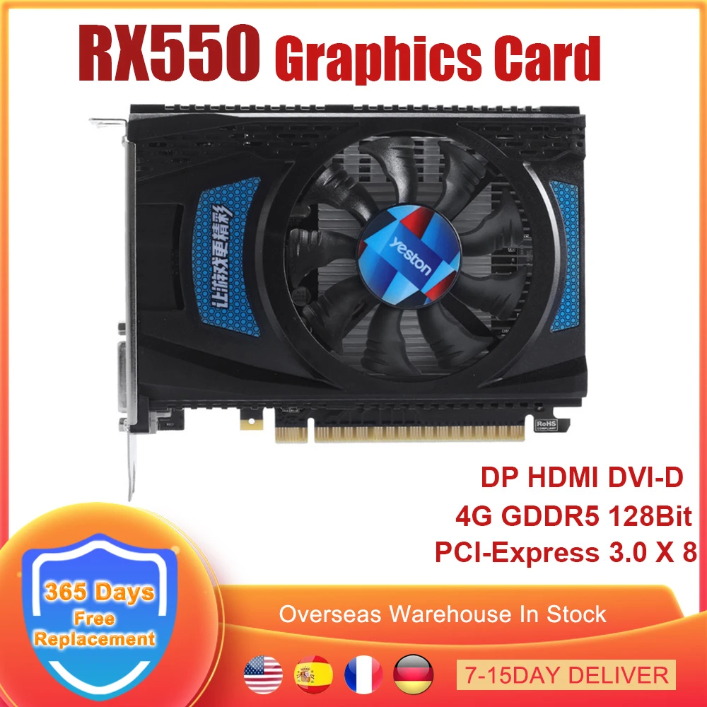 graphics card for pc RX550 4G D5 Graphics Card 4G GDDR5 128Bit Memory Gaming Video Card 1183MHz/6000MHz PCI-Express 3.0 X 8 DP DVI-D Output Port gpu computer