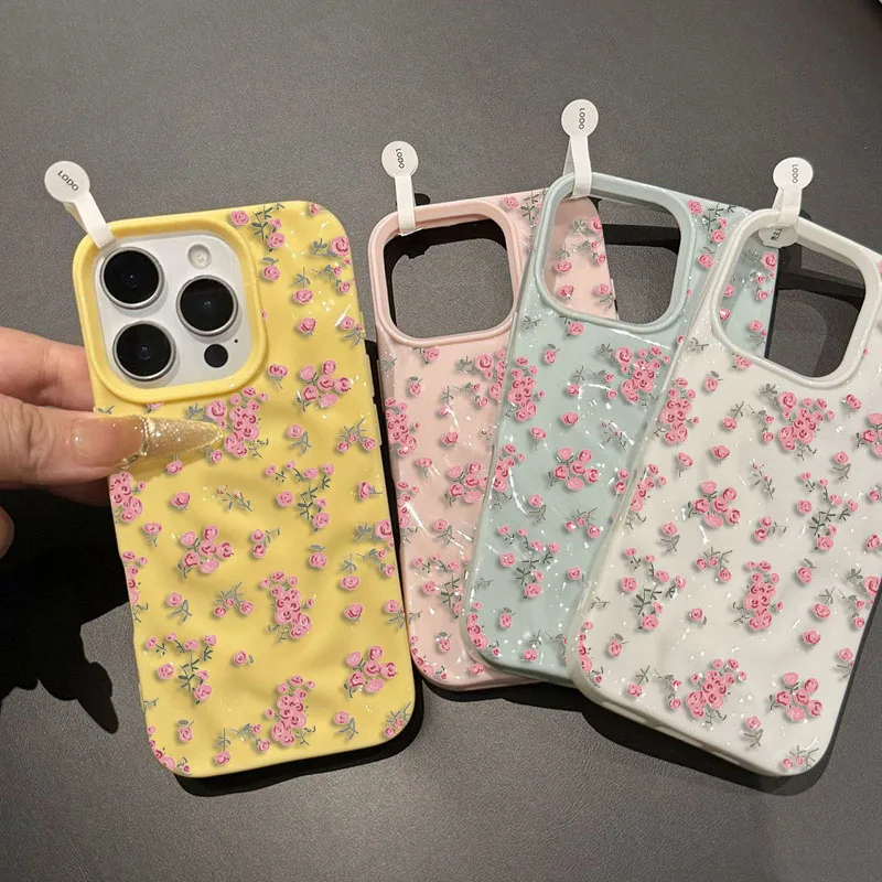 Elegant Pink Floral Pattern Shockproof TPU Phone Case with Textured Soft Cover