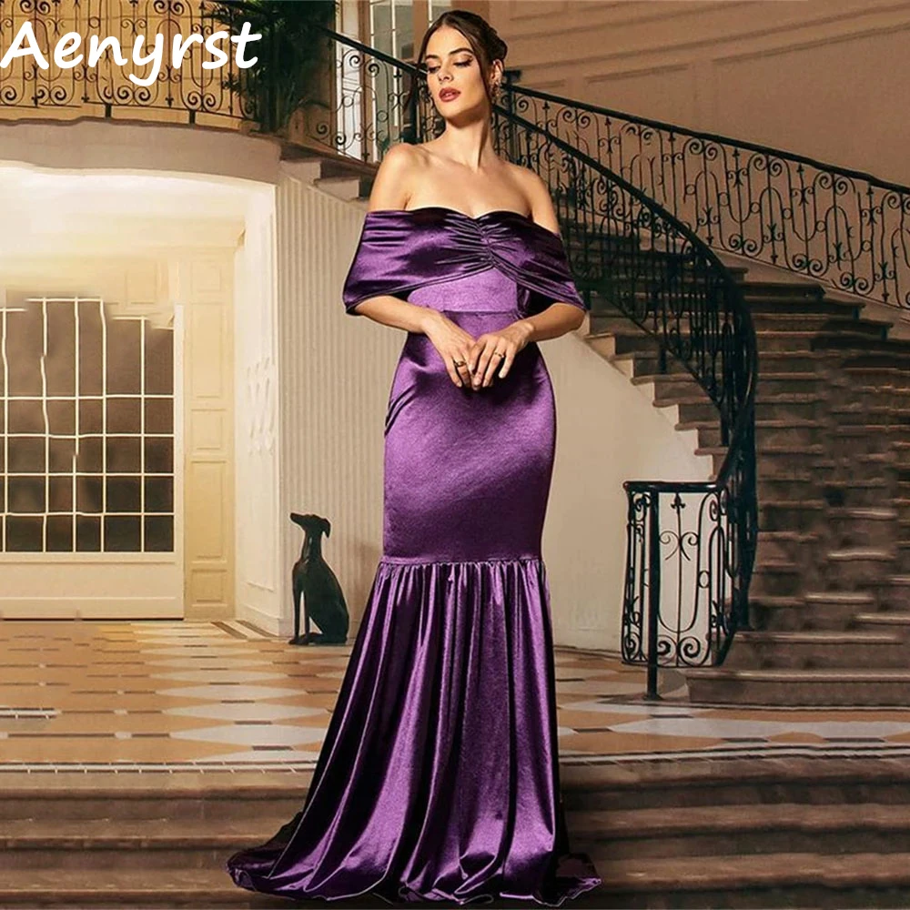 

Aenyrst Dark Purple Off The Shoulder Mermaid Prom Dresses Satin Sweetheart Evening Gowns Floor Length Elegant Dinner Party Dress
