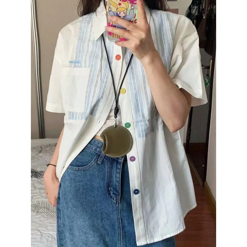 Summer Unisex Shirt Minimalist Color Contrast Lapel Embroidery Blue Stripe Loose Casual