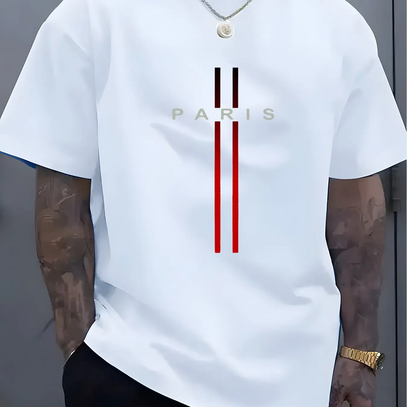Men T Shirts Summer Pure Cotton Casual Loose Fit Plus Size Paris Letter Pattern Printed Round Neck Short Sleeved Top