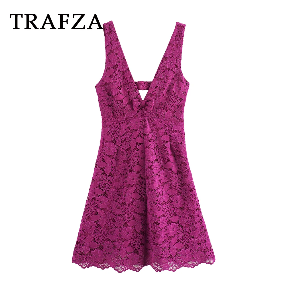 

TRAFZA 2024 Summer Women Casual Solid Lace Dress Bow Sleeveless Short Skirt Backless Folds V-Neck Dress Fashion Women Dresses