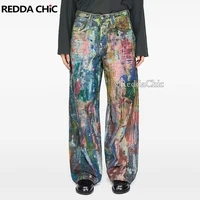 REDDACHiC Street Style Graffiti Jeans Men Distressed Rainbow Random Painting Pattern Straight Wide Leg Pants Hiphop Y2k Trousers 1