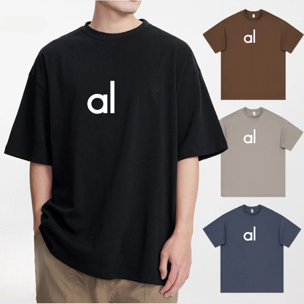 

AL Yoga T-shirt Oversize Pure Cotton T-shirt for Men's Thick Elastic 270g Double Yarn Loose Fashion Short Sleeved Comfort Soft