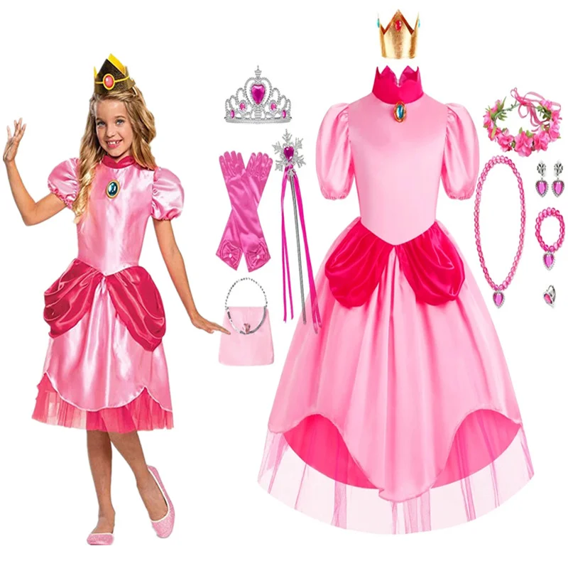 Carnevale Cosplay Neonate Party Christmas Super Brother Costumes Halloween Pink Super Princess Peach Dress Costumes With Crown