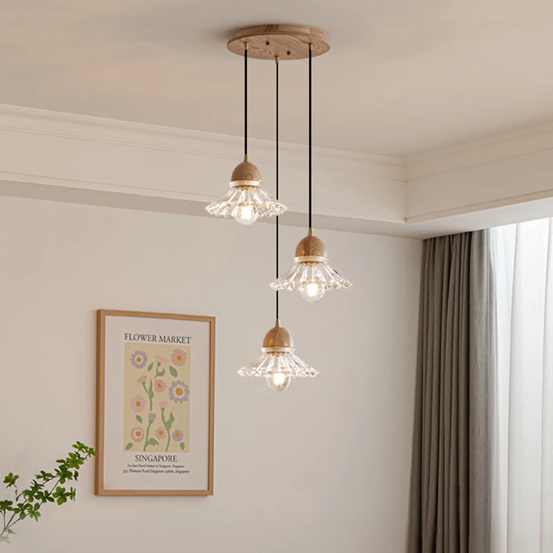 

Modern Glass Pendant Lamp Japanese Wooden LED Hanging Light Nordic Lustre for Kitchen Dining Room Cafe Home Decor E27 Chandelier
