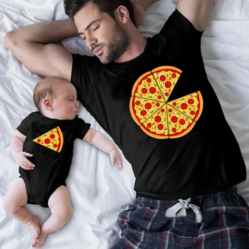 Funny Pizza and Pizza Slice Print Family Matching Shirts Cotton Dad and Daughter Son Kids Tshirts Baby Rompers Father's Day Gift 2