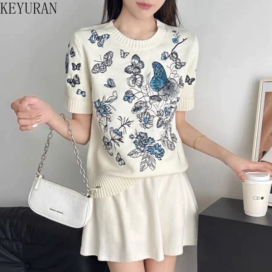 Spring Summer Butterfly Flower Embroidery Sweaters Women's Knit T-Shirt Design Runway O-Neck Short Sleeve Pullover Sweater Mujer