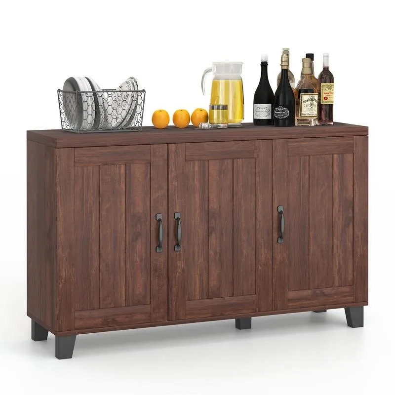 Giantex-3-Door Buffet Sideboard with Adjustable Shelves and Anti-Tipping Kits-Brown
