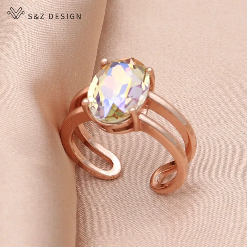S&Z DESIGN New Fashion Egg Shape Oval Crystal Rings For Women Wedding 585 Rose Gold Color Jewelry Fine Adjustable Gift