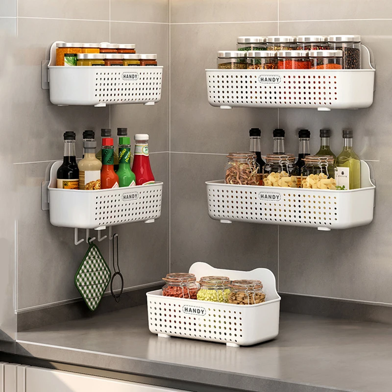 Wall Mounted Storage Basket,No-Drilling Removable Waterproof Bathroom Wall  Shelf Shower Basket Kitchen Spices Shelves