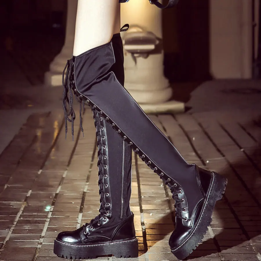 

Punk Creepers Women Black Lace Up Strap Thigh High Military Boots Female Stretchy Over The Knee High Platform Pumps Casual Shoes