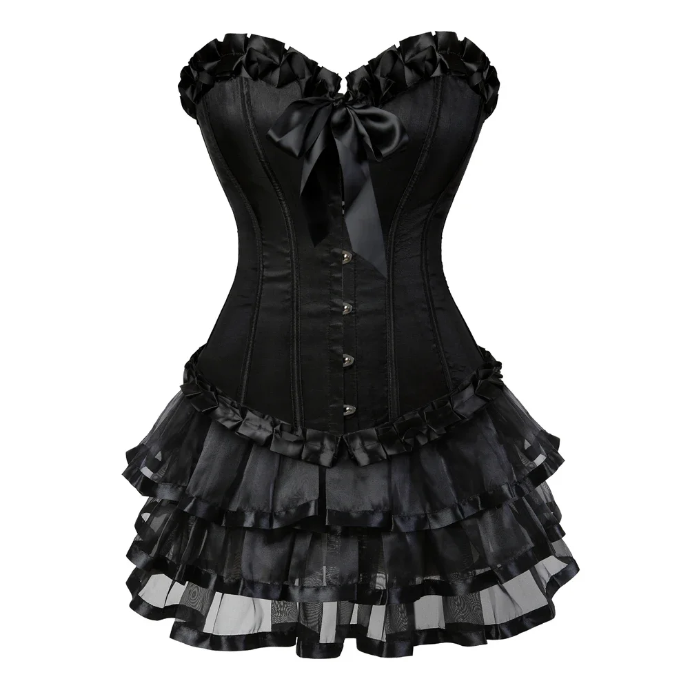 

Satin Corset Tutu Skirt Steampunk Push Up Bustier Dress Korsage Lace Up Boned Classic Clubwear Carnival Sexy Costume Goth Outfit