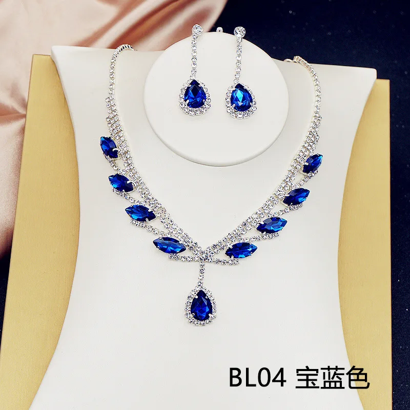 

New Earring Necklace 2 Piece Women's Sapphire Blue Jewelry Set European and American Brides' Wedding Diamond Crystal Necklace