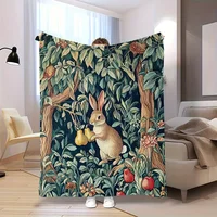 Classic Rabbit and Fruit Pattern Fleece Blanket Botanical Design Soft Warm Throw Boho Interior Decoration Bedding Cover for Home 4