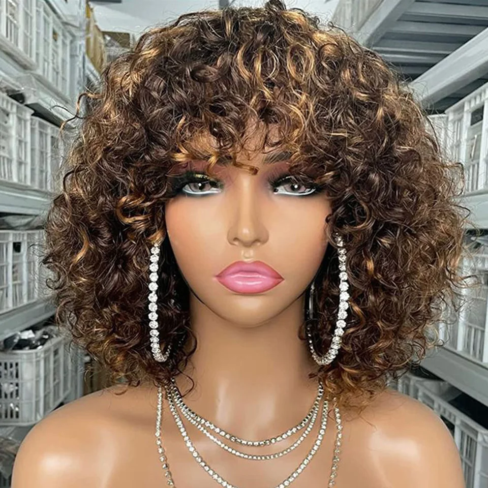 데뷔 숏 픽시 밥 컷 인모 가발 앞머리 있는 제리 컬리 풀 머신 가발 하이라이트 허니 블론드 컬러 여성용 가발