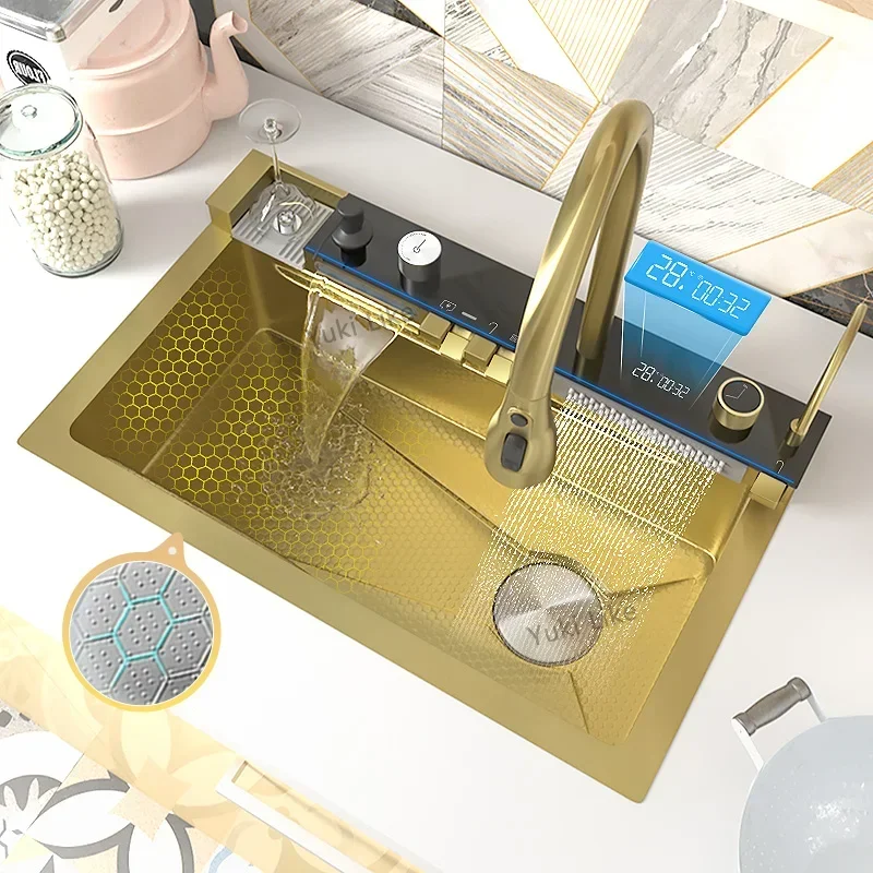 304 Stainless Steel Kitchen Waterfall Sink Digital Display Large Single Sink Dish Basin With Multifunction Touch Waterfall