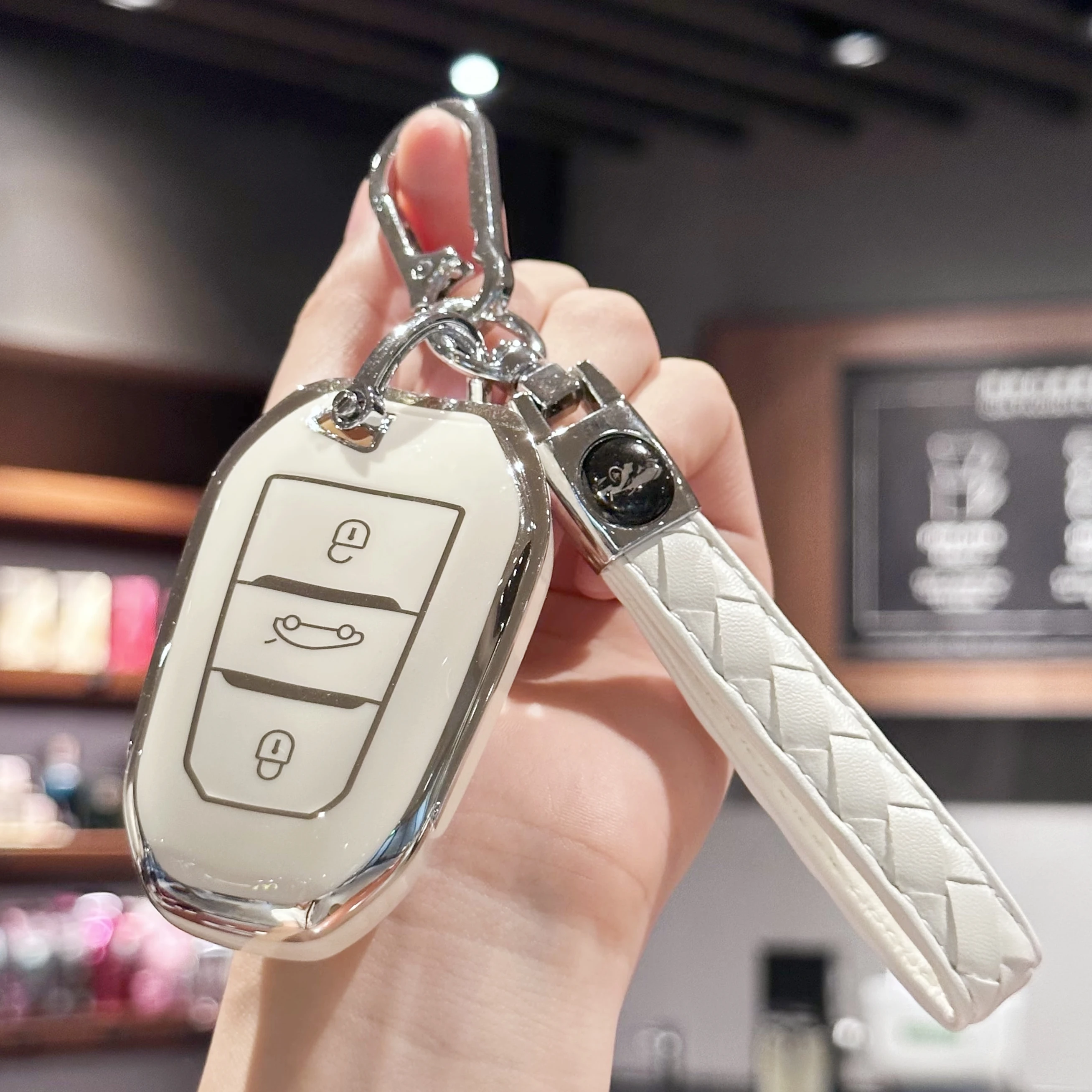 HIBEYO Smartkey - Funda Para Llave De Coche Compatible Con Peugeot 301 308 508 3008 5008 Funda De Piel Para Citroen C4L C3 DS3 Para Opel Grandland X Mandos A Distancia, Llavero