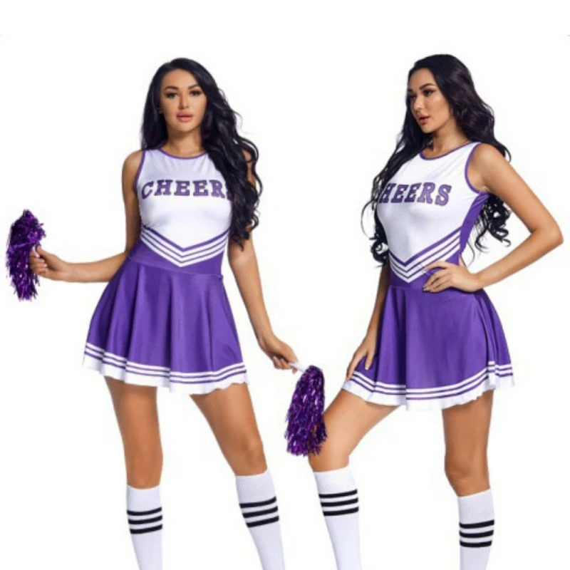 Womens Cheerleading Uniform Dance Costume Schoolgirl Cosplay Outfit with Socks Cheering Flower