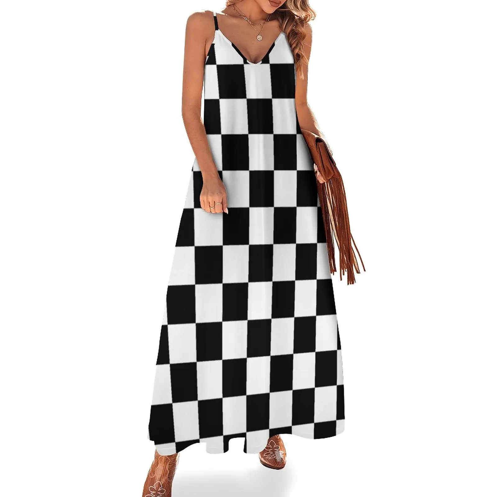 

Black and White Squares - Checkered Flag Sleeveless Dress Beachwear elegant and pretty women's dresses