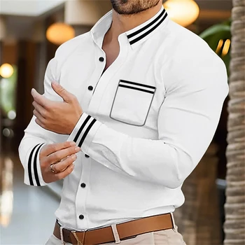 Men's long-sleeved shirt solid color men's new style casual business comfortable high quality lapel button white clothing