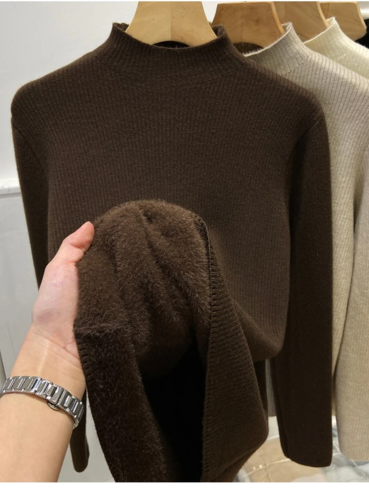 Women's Autumn and Winter New Semi-turtleneck Solid Color Long-sleeved Sweater Fashion Integrated Fleece Warm Bottoming Shirt