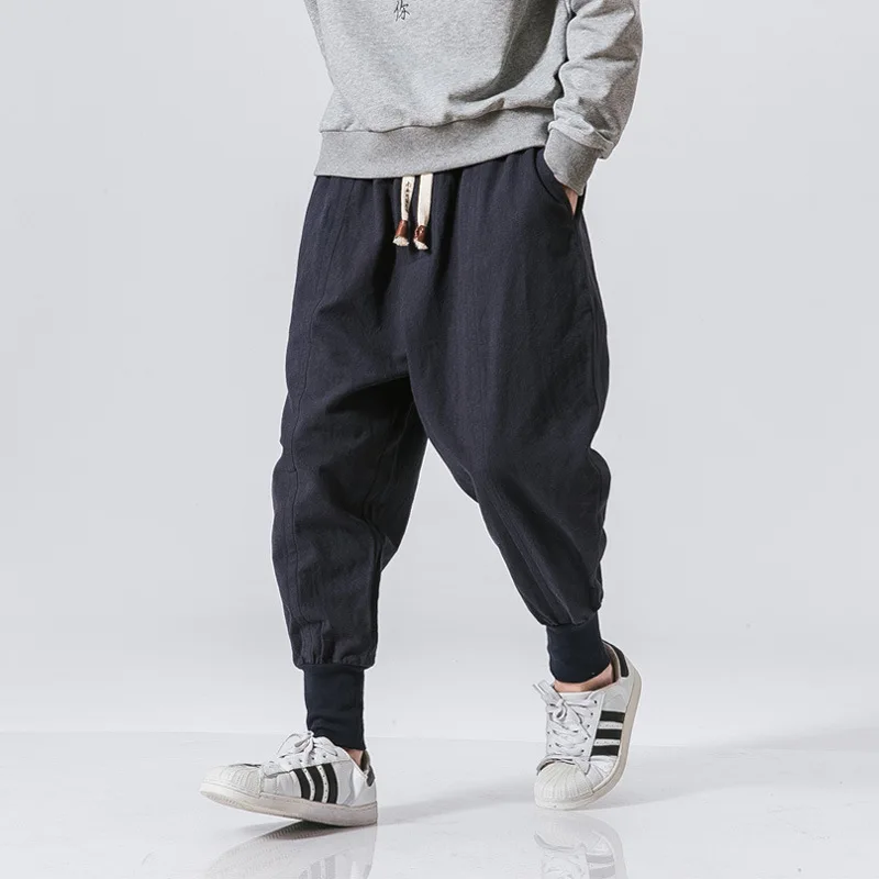 Chinese style Cotton Linen Harem Pants Men Solid Elastic Waist Streetwear Joggers Baggy Drop-crotch Pants Casual Trousers Men spring straight pants men s fashion plaid casual pants korean loose wide leg pants men s streetwear trousers men s elastic waist