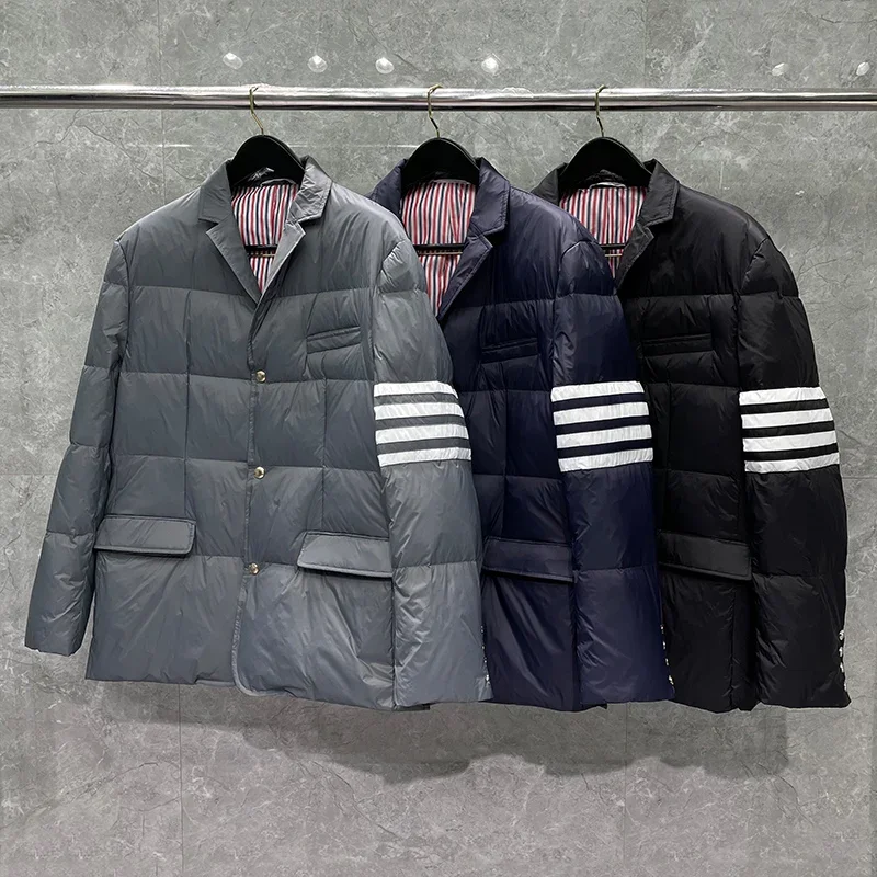 

TB Winter New Men's Lightweight Waterproof and Storage Down Coat Folding Collar with 4 Stripes Design Warm Down Coat