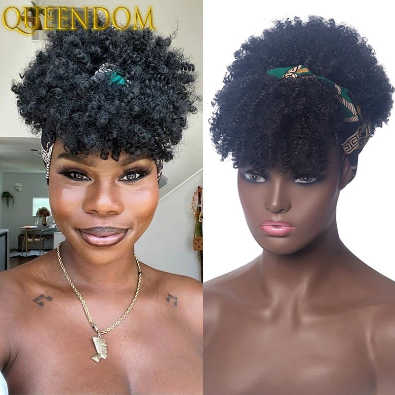 

Shot Hair Kinky Curly Headband Wig Afro Kinky Curly Head Band Wig with Bangs Deep Curly Synthetic Headwraps Wigs for Black Women