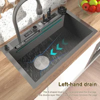 Stainless Steel Waterfall  Kitchen Sink Embossed Large Single-slot Multi-functional Sink With Drain On The Left Side 2