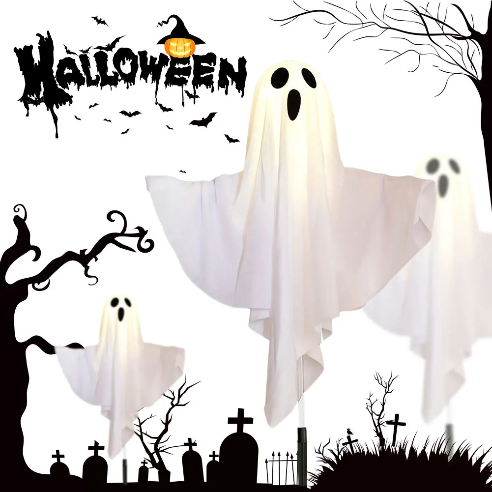 Halloween Solar Ghost Pathway Light LED White Cloth Ghost Stake Lights Solar Powered White Flying Ghosts Lantern for Patio Porch