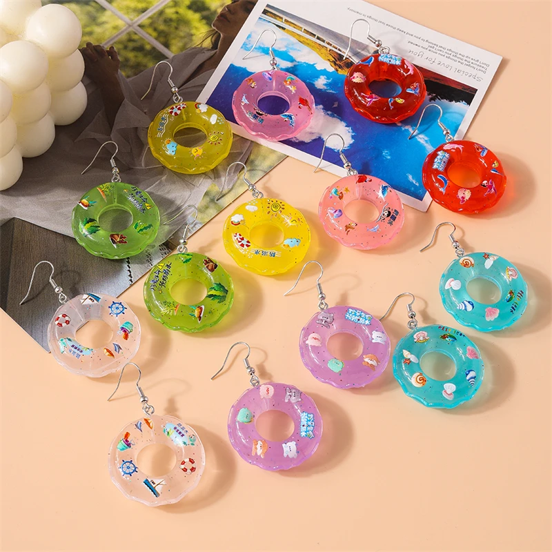 Women Girls Drop Earrings Fashion Candy Color Resin Swim Ring Party Festival Jewelry Gifts