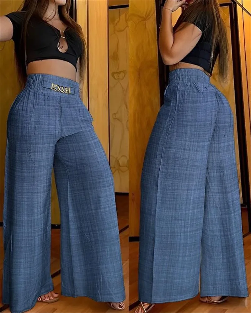 

Women Wide Leg Pants Summer High Waist Casual Plain Pocket Design Waist Daily Vacation Long Pants Streetwear