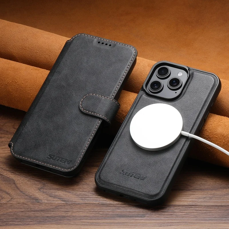 2-in-1 abnehmbare, kabellose, magnetische Lederhülle mit Ladefunktion für iPhone 18 17 16 15 14 13 12 ProMax Magsafe Flip Case – Detail 2